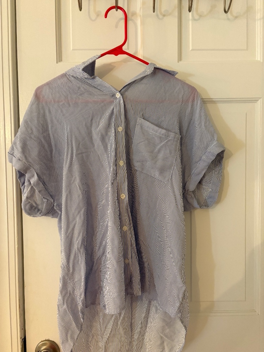 Blue and White Striped Button-Up Short Sleeve Top